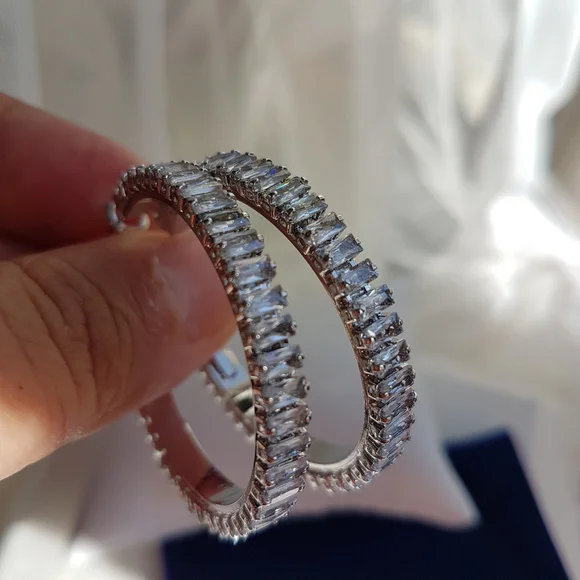 Swarovski Elements Platinum Plated Large Baguette Hoop Earrings NEW - Picture 10 of 17